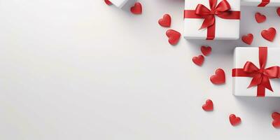 AI generated Valentine's day background with gift boxes and red hearts. 3d rendering  Generated ai photo