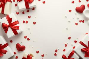 AI generated Valentine's day background with gift boxes and red hearts. 3d rendering  Generated ai photo