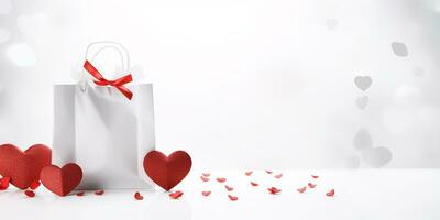 ai generado papel compras bolso con rojo corazones. San Valentín día concepto. 3d representación generado ai foto