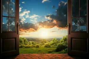 AI generated Scenic view open door frames sunrise sky and green meadow photo