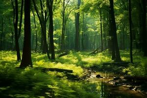 AI generated Sun rays break through a lush green forests dense crown photo