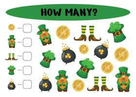 Kids game with st Patrick day vector elements. Development of numeracy skills and attention, cartoon riddle page. Math worksheet for kindergarten, school