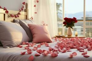 AI generated Elegant gesture Rose petals on the bed adding a touch of luxury and romance AI Generated photo