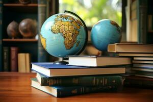 ai generado globo y libros un símbolo de global conocimiento y educación ai generado foto