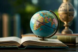 AI generated Knowledge worldwide Earth globe paired with a stack of books AI Generated photo