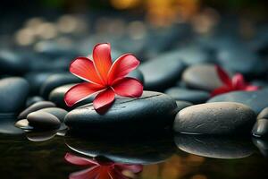 AI generated Relaxing spa stones and red frangipani flower create serene ambiance photo