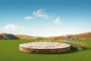 AI generated Circular 3D podium with a meadow soil ground in rendering photo