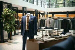 AI generated Fashionable retail store interior, showcasing mens and womens formal wear photo