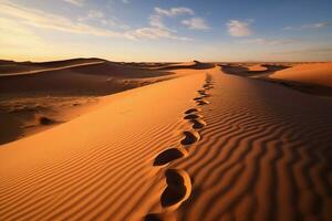 AI generated Footprints tell tales natures imprints on a tranquil sand dune photo