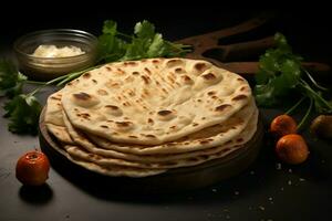 ai generado phooli aire lleno Roti indio tradicional cocina con chapati, un cultural deleite foto