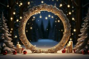 AI generated Festive 3D circle A frame background for celebrating the beauty of Christmas and New Year AI Generated photo