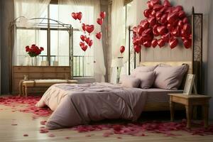 AI generated Elegant gesture Rose petals on the bed adding a touch of luxury and romance AI Generated photo