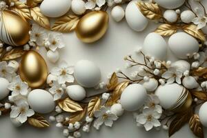 AI generated Easter composition flat lay with gold and white elements, eggs photo