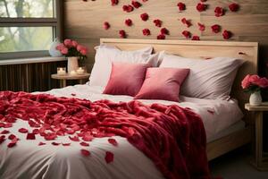 AI generated Elegant gesture Rose petals on the bed adding a touch of luxury and romance AI Generated photo