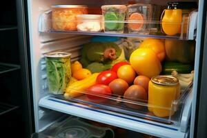 ai generado refrigerador encontrar recuperando un comida envase desde el refrigerador para un comida ai generado foto