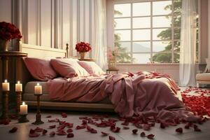 ai generado elegante gesto Rosa pétalos en el cama agregando un toque de lujo y romance ai generado foto