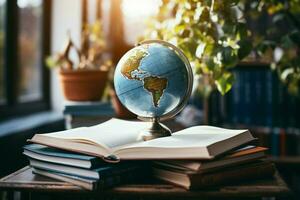 ai generado globo y libros un símbolo de global conocimiento y educación ai generado foto