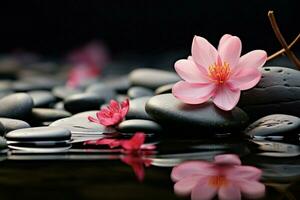 AI generated Zen ambiance stone and pink flower evoke a harmonious setting photo