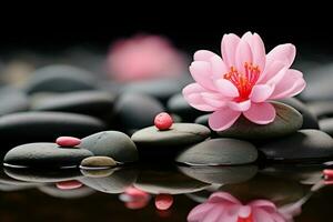 AI generated Pink flower complements Zen stone for a harmonious and serene atmosphere photo