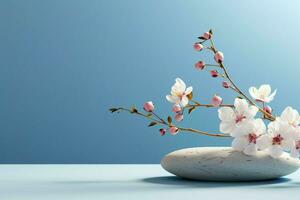 AI generated Light blue backdrop with a minimalistic display of stone and flowers photo