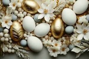 AI generated Easter composition flat lay with gold and white elements, eggs photo