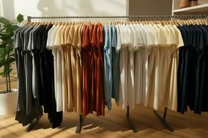 AI generated Fashion display hanging clothes attractively showcased and available for purchase photo