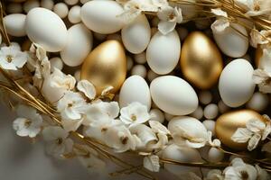 AI generated Easter composition flat lay with gold and white elements, eggs photo