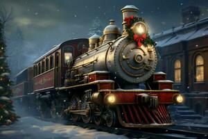 AI generated Christmas themed train traveling through a snowy winter landscape AI Generated photo