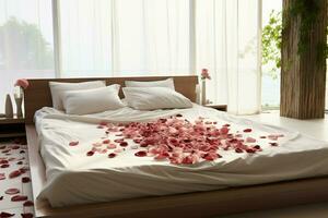 AI generated Romantic ambiance Rose petals scattered on a bed in a hotel room AI Generated photo