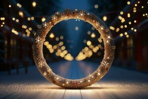 AI generated Elegantly designed 3D circle frame background perfect for Merry Christmas and Happy New Year AI Generated photo