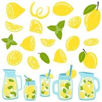 Set of lemons and bottles with lemonade. Vector illustration of citrus fruit, glass, jars with fresh summer drink, mint for web design, logo, packaging, stickers, print