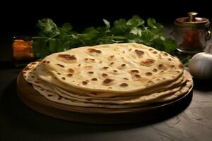 ai generado chapati, el phooli aire lleno Roti, representa indio tradicional cocina foto