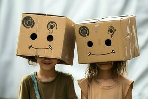 AI generated Imaginative play two little girls with cardboard boxes as headgear photo