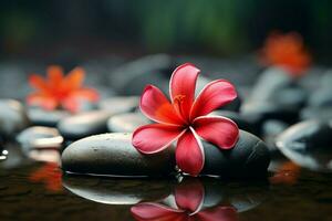 AI generated Soothing spa arrangement red frangipani flower with serene spa stones photo