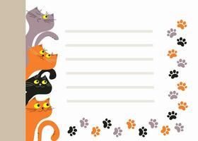 Banner, frame, flyer with funny kittens. Cartoon cute colorful kittens, paw marks. Place for inscription, text. Vector illustration, white background, isolated.
