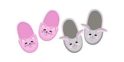 House slippers in the shape of cute pets. Funny slippers Hare and cat. Rabbits and kittens. Set of vector illustrations of slippers. Cartoon flat home warm comfortable sleeping shoes