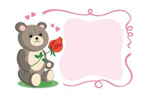 Teddy Bear frame. Postcard, flyer mockup. Cute toy bear with a flower. A smiling teddy bear with a rose, ribbons and hearts is sitting. Soft brown cartoon toy. Valentine's Day, love. vector