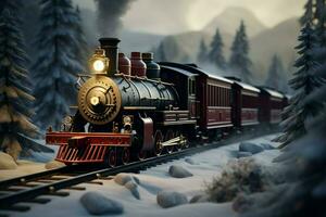 AI generated Christmas themed train traveling through a snowy winter landscape AI Generated photo