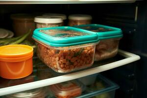 ai generado Fresco desde el refrigerador tomando fuera un comida envase para un delicioso tratar ai generado foto