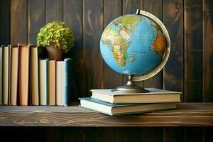 ai generado educativo exploración tierra globo rodeado por un colección de libros ai generado foto
