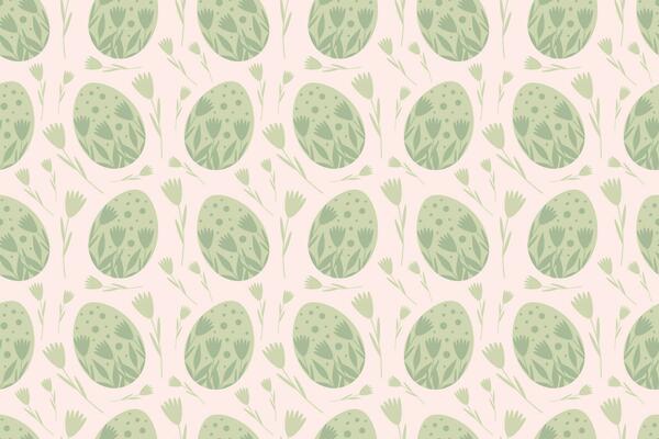 Seamless Easter pattern. Green eggs, plants, flowers on a light pink background. Pastel colors, spring mood. Modern vector illustration for holiday design