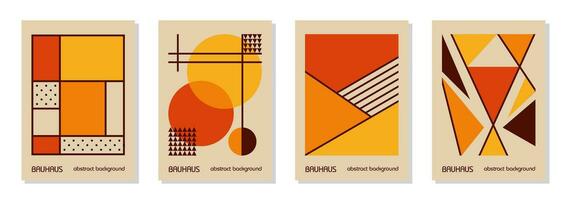 Set of 4 minimal autumn orange colors vintage 20s geometric design posters, wall art, template, layout with primitive shapes elements. Bauhaus pattern background, circle, triangle and square line art vector