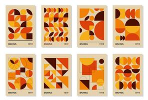 Set of 8 minimal autumn orange colors vintage 20s geometric design posters, wall art, template, layout with primitive shapes elements. Bauhaus pattern background, circle, triangle and square line art vector