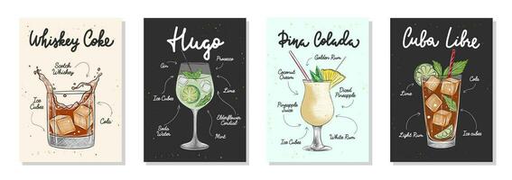 conjunto de 4 listas de recetas publicitarias con bebidas alcohólicas, carteles con letras de cócteles y bebidas, decoración de paredes, estampados, diseño de menús. tipografía dibujada a mano con bocetos. caligrafía manuscrita. vector