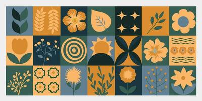 Bauhaus Spring geometric floral pattern. Minimal natural flower leaf plants simple shapes, agriculture concept. Trendy design templates with colorful geometric elements pattern vector