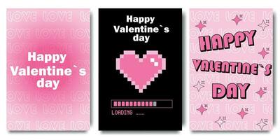 Set of Valentine's Day cards in y2k style. Modern abstract art design with hearts and modern typography. Templates for celebration, ads, branding, banner, cover, label, poster, sales vector