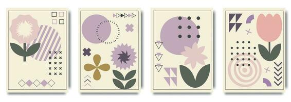 Geometric minimalist Spring and Summer posters. Modern soft inspired shapes, naive blocks swiss style. Trendy flowers and crops art templates. vector