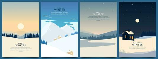 sencillo minimalista invierno escena vector diseño ilustración antecedentes colocar. bosque, montaña, estrella, Luna y casa. para tarjeta, bandera, póster, social medios de comunicación, promoción