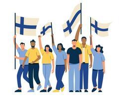 People are carrying flags of Finland. The people are on strike and chanting. Anarchy and revolution. The parade of voters vector