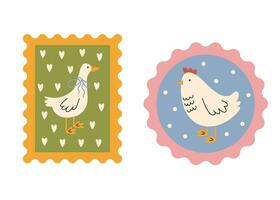 Two lovely rustic paintings in a frame. A painted goose and a chicken. Vector, flat, cartoon illustration vector